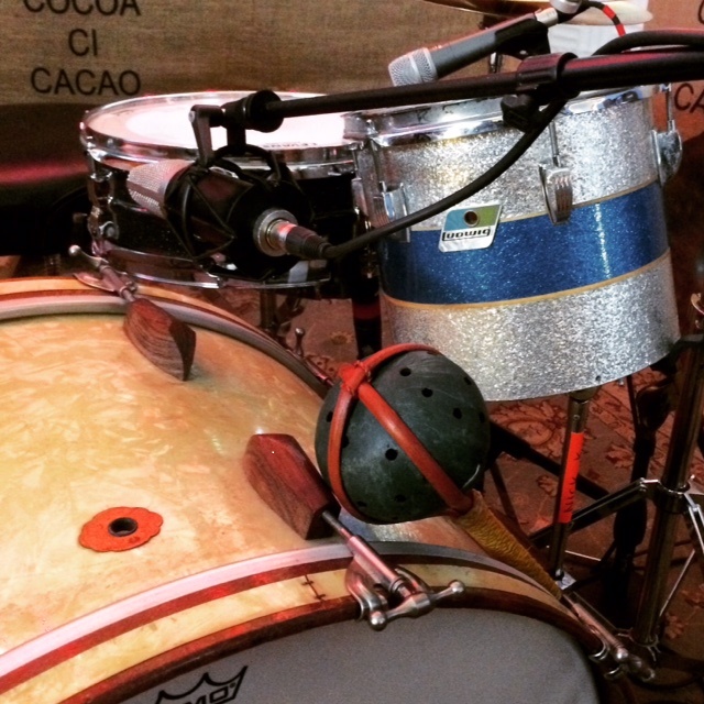 The set-up used on the song "Fireproof": Slick's old Ludwig concert tom, the Rolling Bomber kick, and a metal maraca purchased (with a gift card) at Ten Thousand Villages in my neighborhood. &amp;nbsp;
